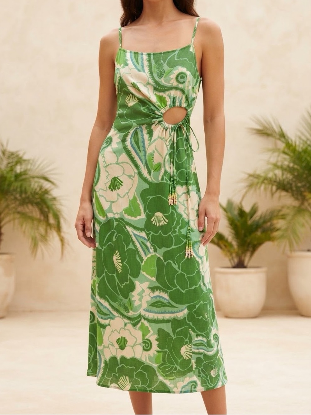 FARM RIO Tropical Groove Green Floral Print Midi Dress Size L NWT